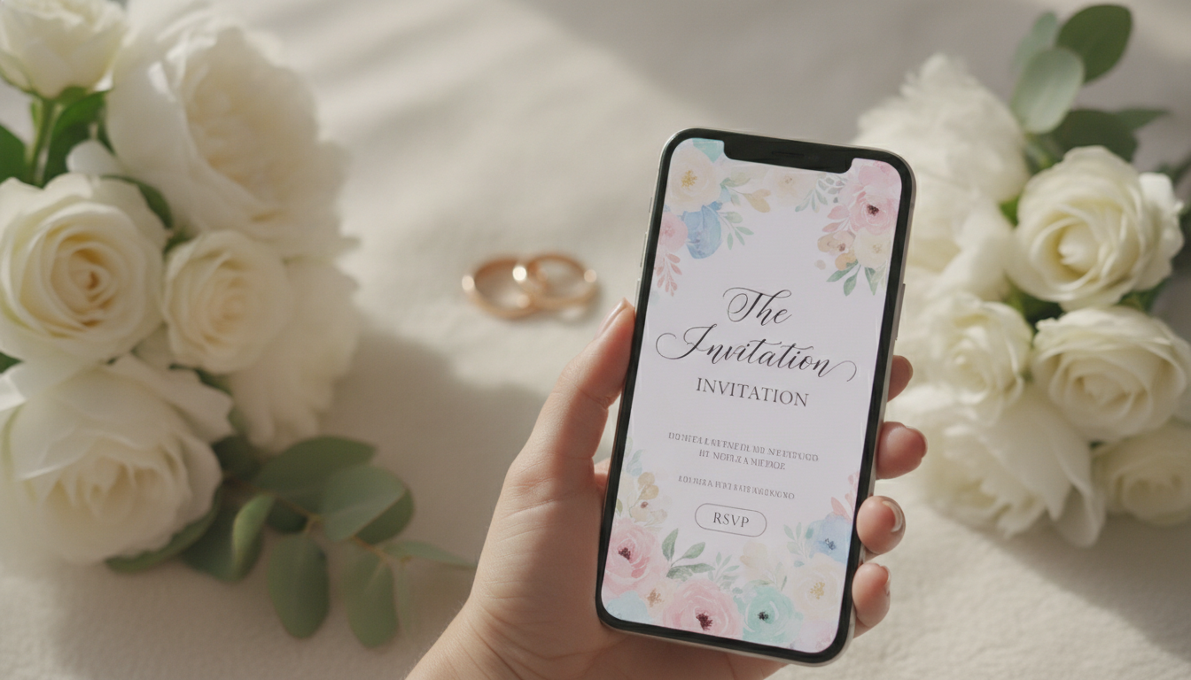Close-up of a hand holding a modern smartphone displaying a stylish digital event invitation with an 'RSVP' button, wedding rings and elegant floral arrangements blurred in the background, soft pastel colors, high-end photography.