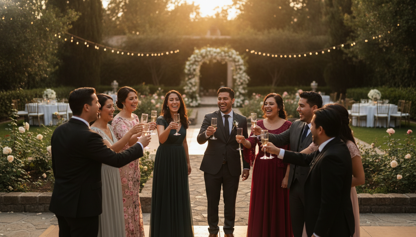 A group of elegant Mexican guests at a beautiful outdoor garden wedding reception, laughing and raising their glasses, warm golden hour lighting, cinematic.