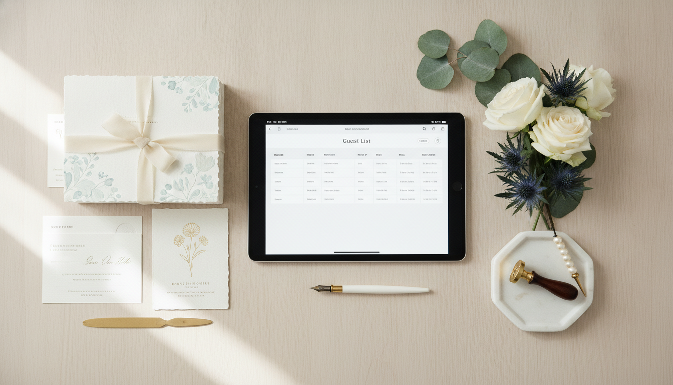 A flat lay of elegant modern wedding stationery, showing a digital tablet with a guest list management screen next to beautiful floral decorations, elegant, top-down view.
