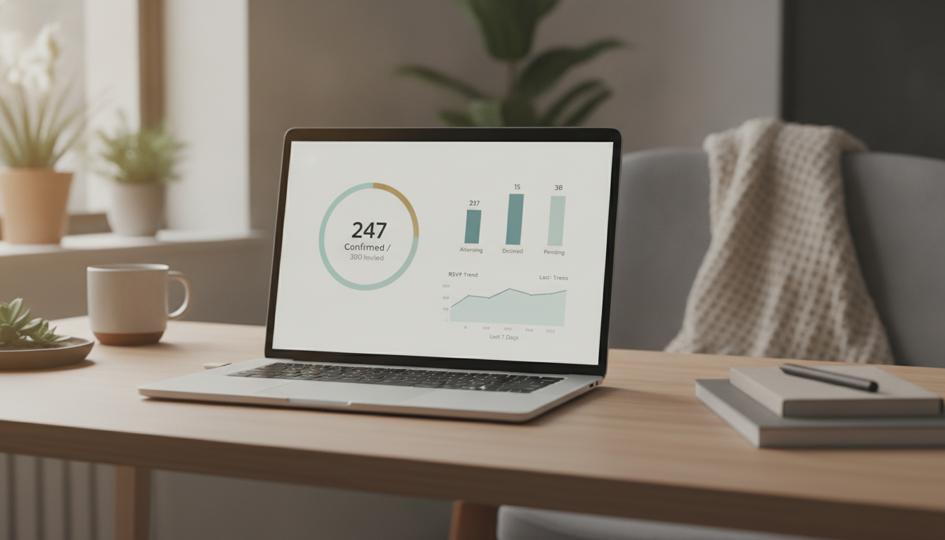A clean, minimalist digital dashboard of an event planning platform on a laptop screen, showing real-time RSVP guest confirmation statistics, charts, and elegant typography, cozy home office setting, warm natural light.